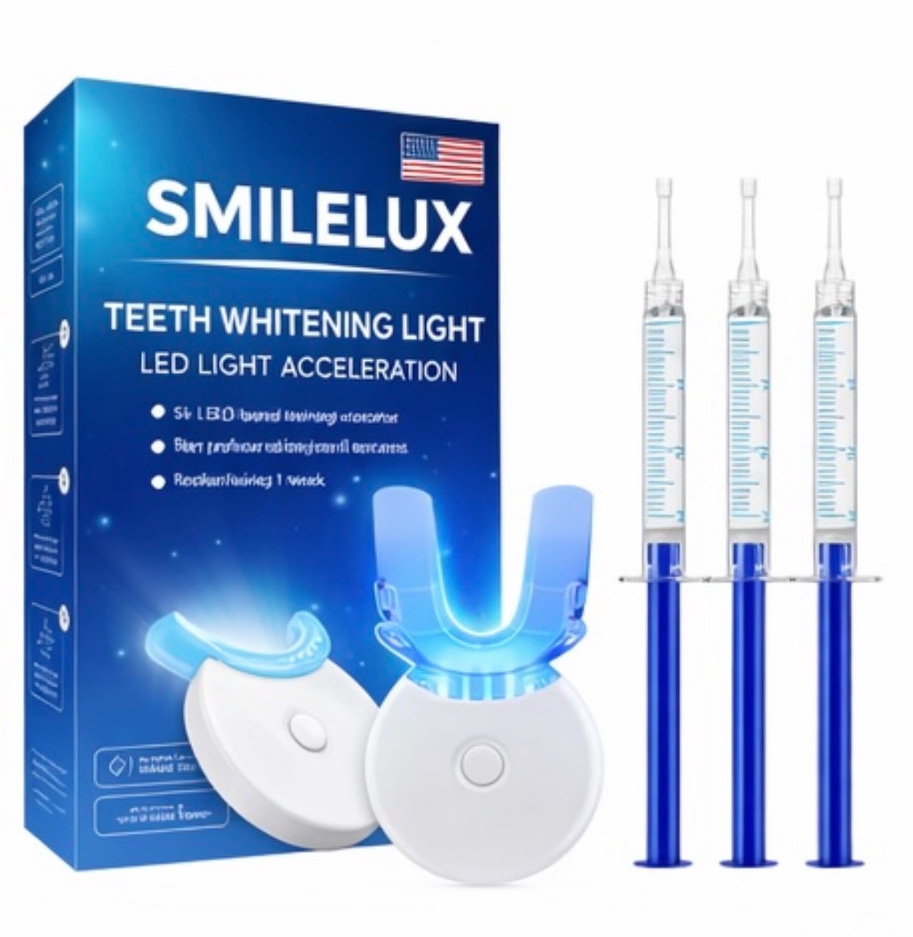 Smilelux Teeth Whitening Kit with LED Light – Fast Whitening, Enamel Safe, 3 Gel Syringes, Home Dental Whitening System